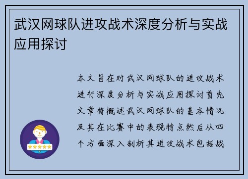 武汉网球队进攻战术深度分析与实战应用探讨