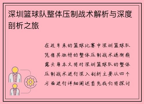 深圳篮球队整体压制战术解析与深度剖析之旅
